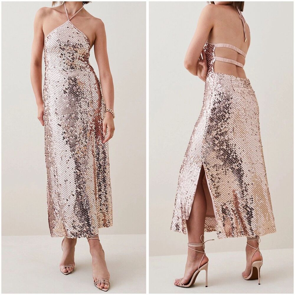 Karen Millen Rose Gold Sequin Midi Dress